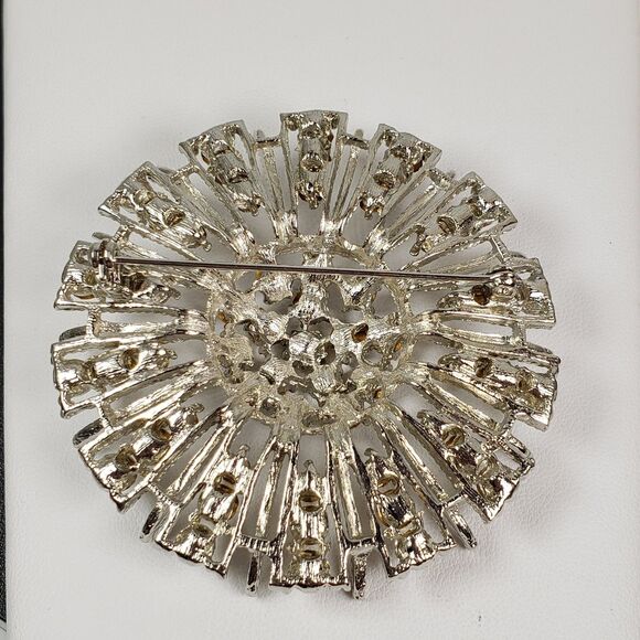 Vintage Large Sunburst Crystal Rhinestone 2.5" Silver Tone Brooch - Picture 14 of 16